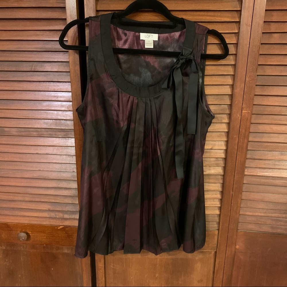 Ann Taylor Loft Sleeveless Blouse Dark Purple and Black Ribbon Tie Neckline